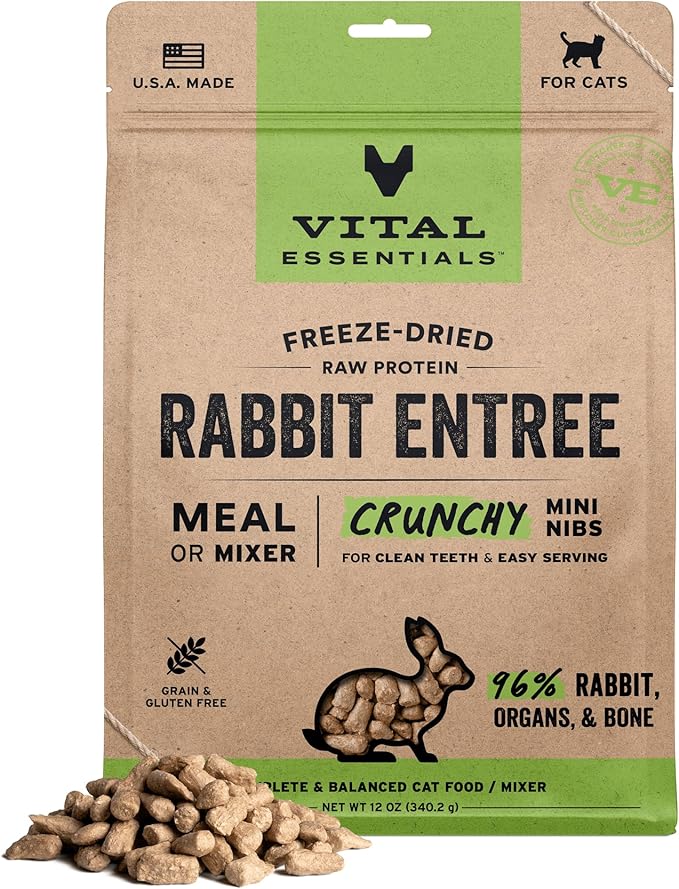 Vital Essentials Freeze-Dried Raw Rabbit Meal or Mixer Cat Food Crunchy Nibs, 12 oz