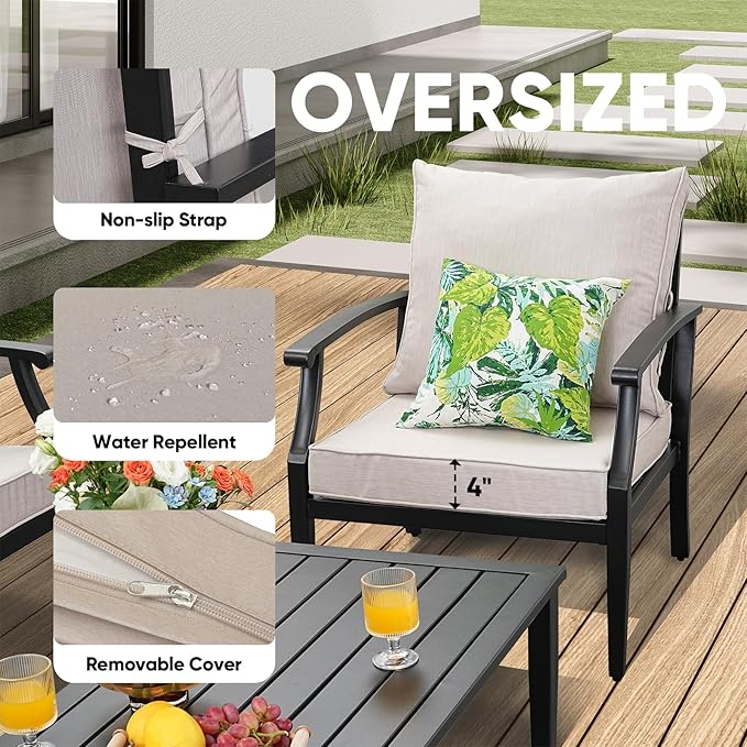 JOYURE 4 Pieces Patio Furniture Set w/loveseat,Coffe Table,Outdoor Conversation Metal Sofa with High Back and Thick Cushion,for Backyard,Garden,Beige