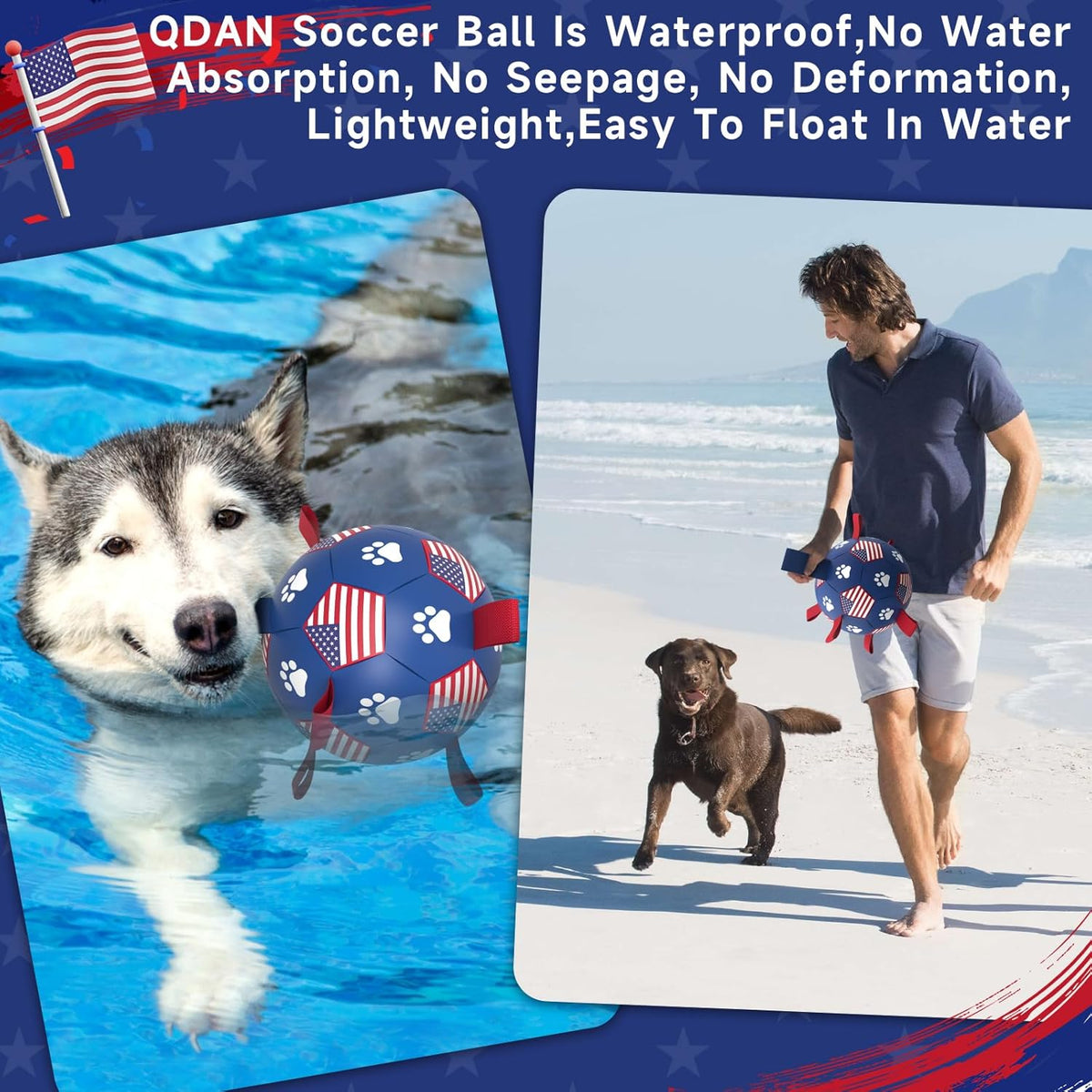 QDAN Dog Toys, Soccer Ball with Straps, Durable Dogs Balls for Extra Large Breeds, Beach Pool Water Toy, Dog Birthday Gifts, Herding Balls (9 Inch)
