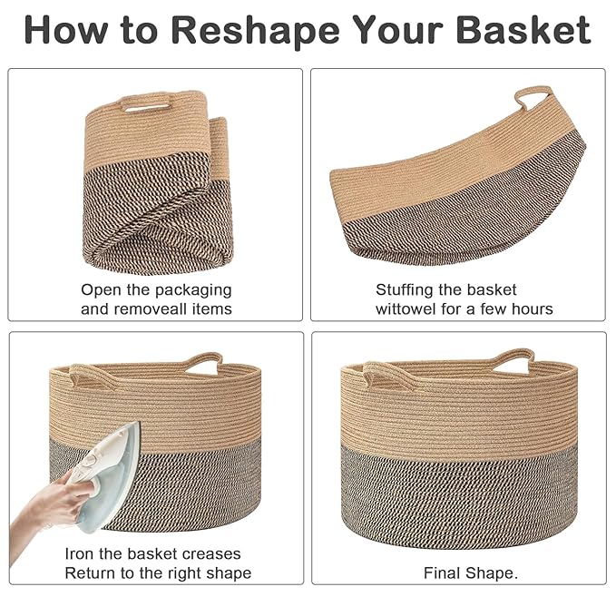 90L Large Blanket Basket,21.7"L x 21.7"W x 13.8"H Rope Woven Baskets with Handles, Toys Storage Bins,Laundry Basket Perfect for Living Room, Nursery,Bedroom,Home Organization,White&Black