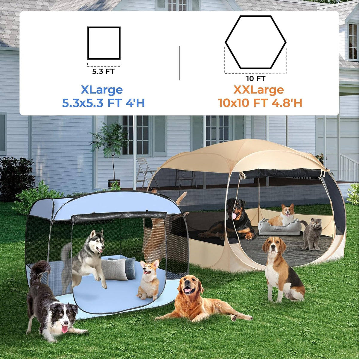 EighteenTek XXLarge Popup Portable Dog Houses, 10'x4.8'H Assembly-Free Gazebo-Style Dog Cot Cat Playpen Screen Pet Tent Sun Shade Shelter Dog Bed with Canopy for Outdoor Anti-Bugs with Leakproof Floor