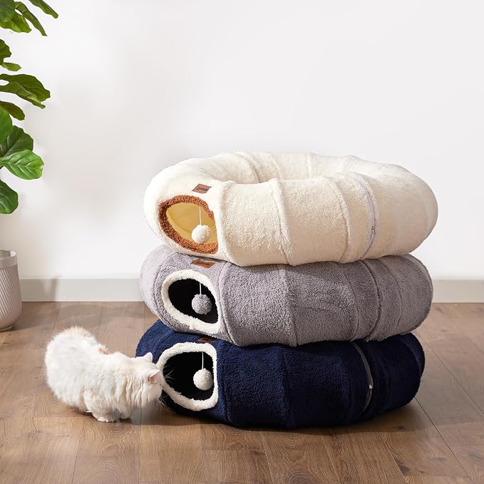 ZOMISIA Cat Tunnel Bed for Indoor Cats, Cute Cat Donut Toy Tunnel for Small Large Cats with Washable Circle Cushion, Peekaboo Pet Cave Play Tunnel for Kitten, Puppy, Navy Blue