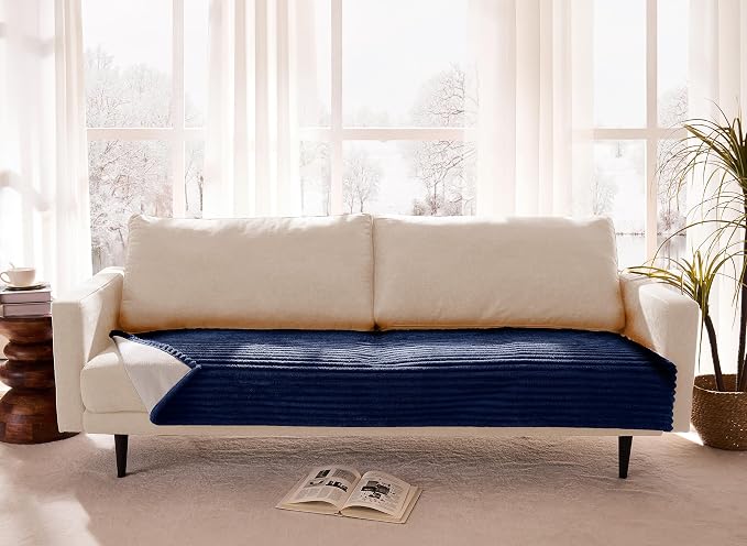 Dual Non-Slip Couch Cover for Dogs Waterproof, Fuzzy Soft Pet Couch Covers for Sofa 3 Cushion, Pet Friendly Soft Dog Bed Covers Sofa Cover Washable (Navy Blue, 33" x 75" 1 Pack)