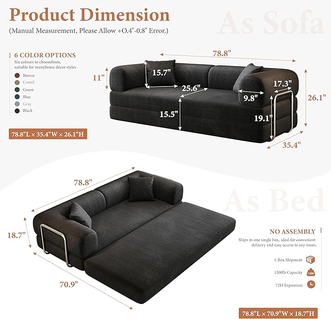 Boneless Couch Sectional Sofa,Convertible Sofa Bed with Sleeper Sofa,Futon Floor Couch Folding Sofas for Living Room,Bedroom,Apartment (Black, 78.8''W)