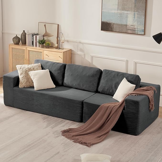 106" 3-Seater Sofa, Cloud Modular Sofa with Certified Foam, Upholstered Floor Sofa with Deep Seat, Upholstered Sofa for Bedroom Living Room, No Assembly Required (Corduroy Fabric, Grey)