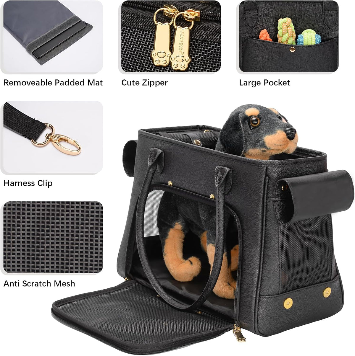 Fashion Pet Carrier Purse for Small Cat and Dog, Luxury Pu Soft-Sided Tote Bag with Large Pockets for Dogs and Puppies (Black, 15.8" L x 7.5" W x 11.8" H)