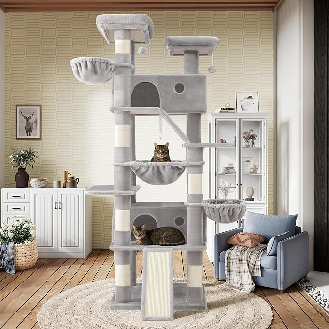 SHA CERLIN 81in Multi-Level Tall Cat Tree Tower for Indoor Kitties/Larger Cat Condo Furniture with Hammock/Cozy Pussycat Perches/Sisal Scratching Posts/Pet House/Wide Base/Grey