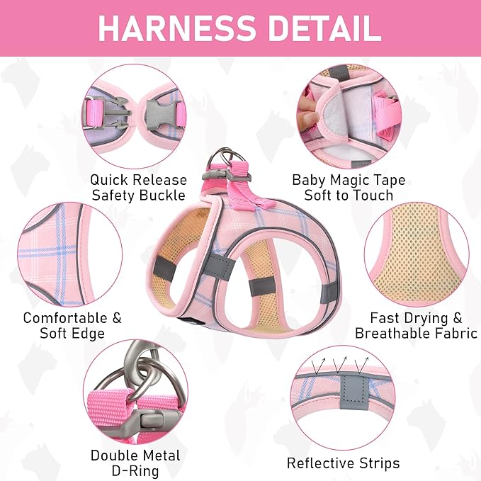 GAMUDA Small Dog Harness Collar and Leash Set, Step in No Chock No Pull Soft Mesh Adjustable Dog Vest Harnesses Plaid Reflective for Dogs Puppy Cats Kitten Rabbit (Pink, XS)