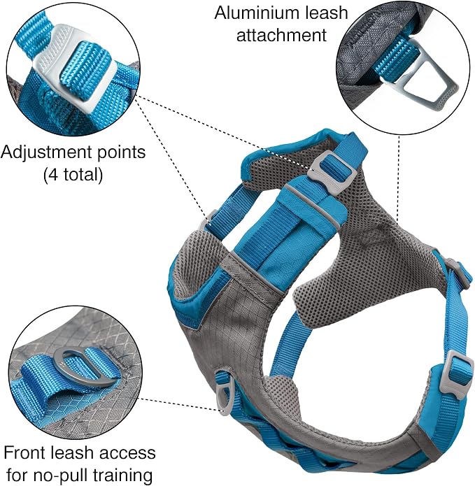 Kurgo Journey Air Dog Harness, Blue, Medium | Padded Chest, Ripstop Outer & Breathable Mesh, Back Assist Handle, Rust-Free Aluminum Hardware, Reflective Trim