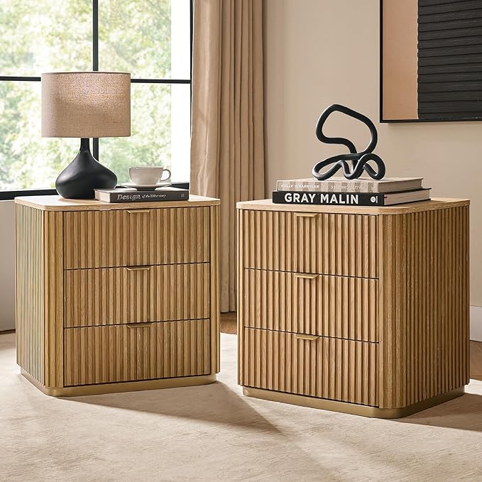 Fluted Nightstand Set of 2 with 3 Drawers, Modern End Table with Charging Station, USB Type-C Ports & Metal Frame for Bedroom,Natural