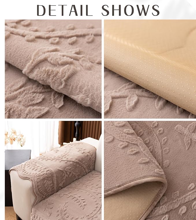 Fuzzy Rabbit Plush Sofa Cover Cozy Warm Sofa Couch Covers with 3D Jacquard Leaf Pattern Non-Slip Easy-to-Install Shaggy Sofa Slipcover Prefect for Kids Dogs Cats Cats(Cream Coffee,36"x63")
