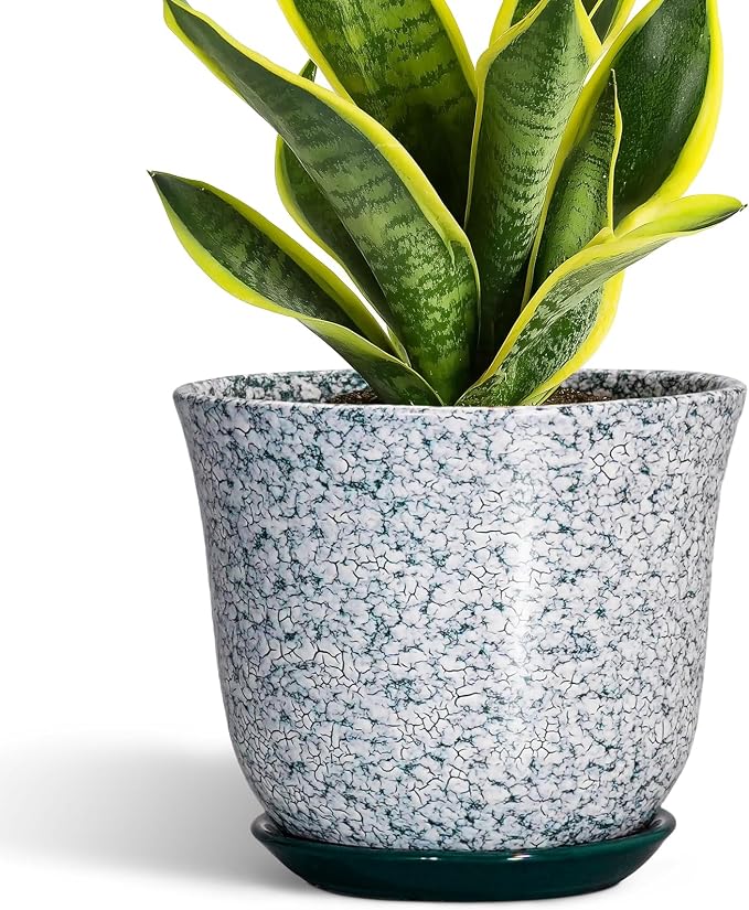 Ceramic Pots for Plants - 8 Inch Plant Pot for Indoor Outdoor, Round Flower Pot with Drainage Hole and Saucer, Decorative Planters, Modern Planter, Patio Decor, House Warming Gift, Green