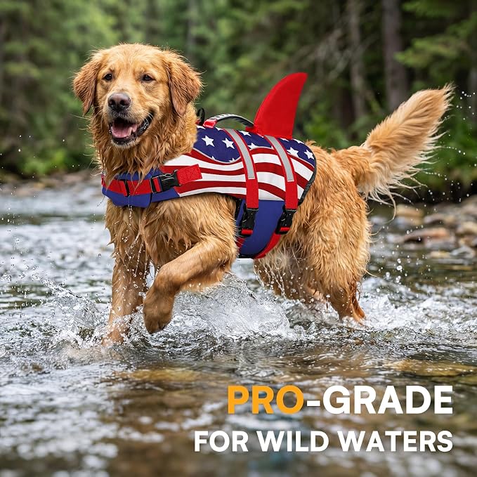 Shark Dog Life Vest for Swimming, Pet Life Vests for Boating, High Buoyant DogLife Jacket, Ripstop High Flotation Swimsui for Small, Medium, Large Dogs (USA Flag,XS)