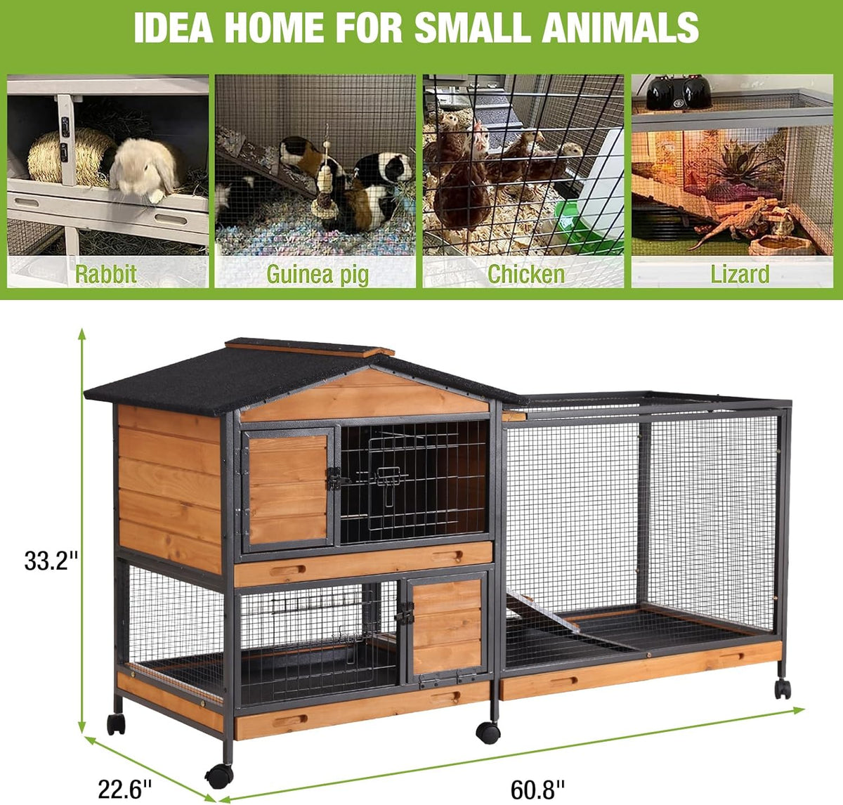 GUTINNEEN Rabbit Hutch Outdoor with Metal Surround Indoor Rabbit Cage with Wheels Bunny Cage Large Guinea Pig Cage for Small Animals with Tray