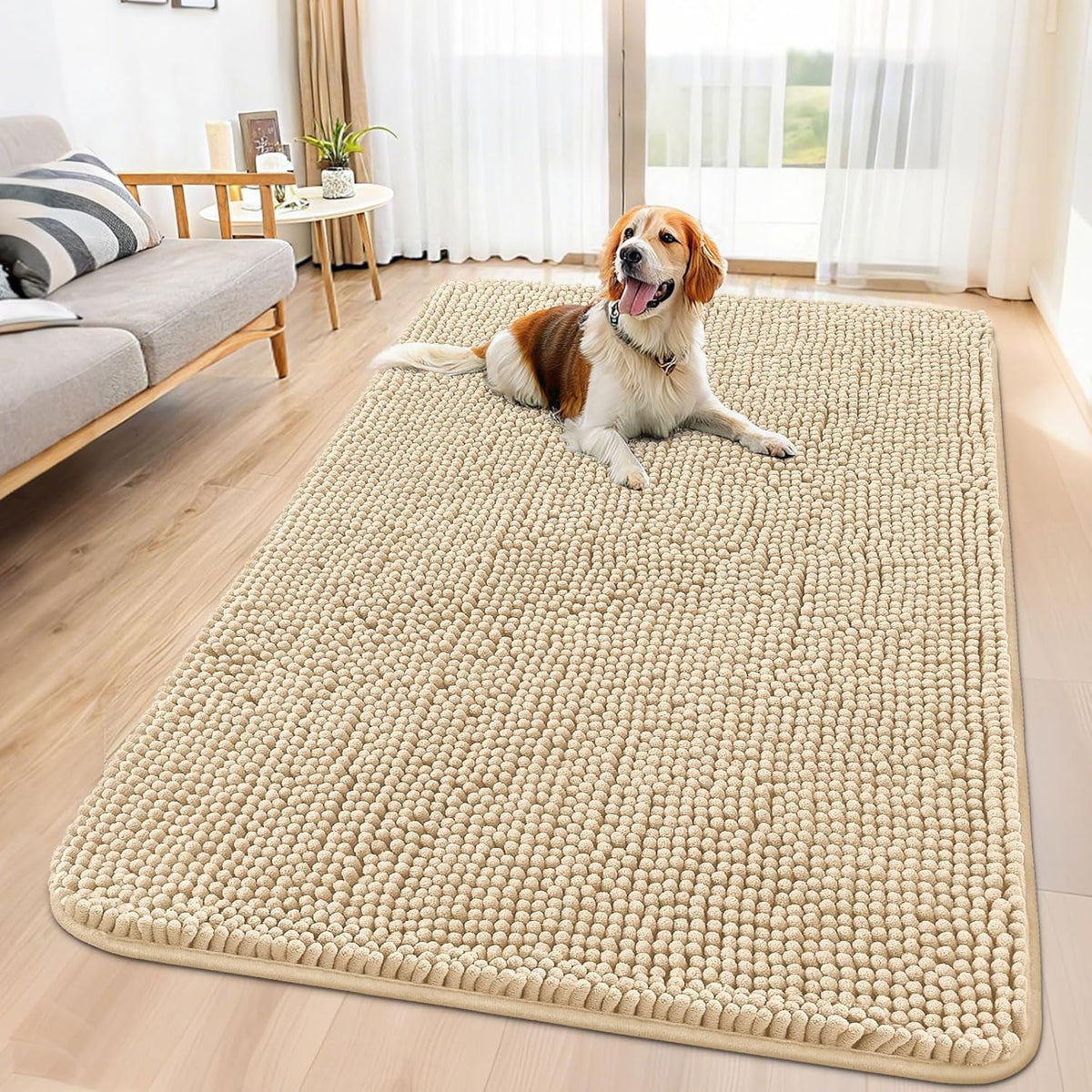 Smiry Dog Door Mat for Muddy Paws 59x35, Absorbs Moisture and Dirt Doormat, Non-Slip Washable Quick Dry Chenille Front Door Mat Indoor Entrance, Entryway Carpet for Inside Floor, Beige