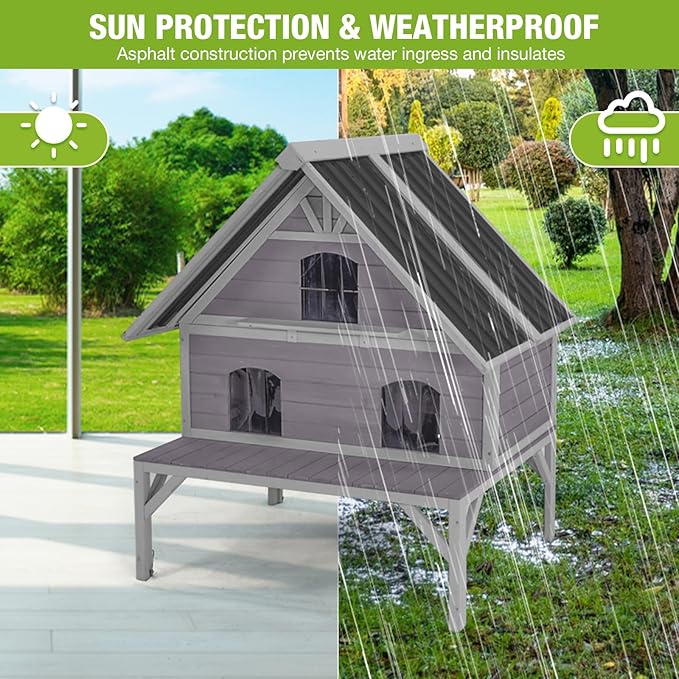 GUTINNEEN Large Outdoor Cat House 2-Story Insulated Cat House Indestructible Weatherproof Feral Cat Shelter with Openable Roof, Escape Doors for 1-6 Feral Barn Cats (Winter-Ready, 43.3"x34.3"x48.5")