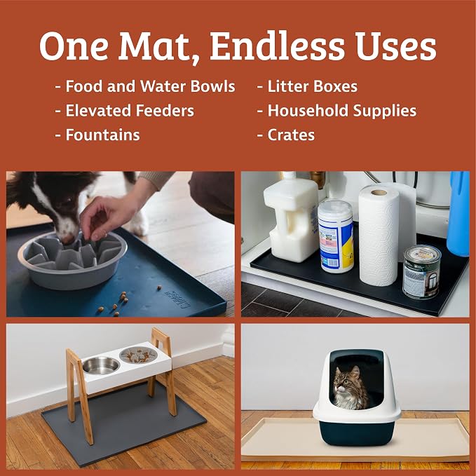 Leash Boss Dog Food Mat - Waterproof Cat & Dog Bowl Mat for Food and Water, Silicone Pet Feeding Mats for Floors, Non-Slip Placemat with High Edges, Puppy Essentials (Small: 18"x11", Beige)