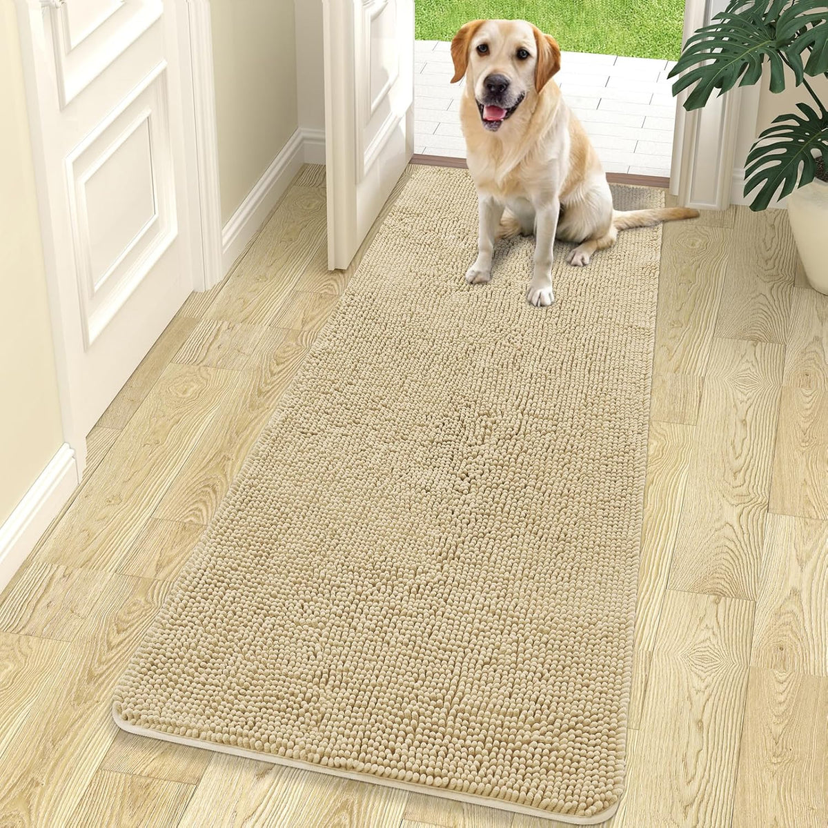 OLANLY Dog Door Mat for Muddy Paws 70x24, Absorbs Moisture and Dirt, Absorbent Non-Slip Washable Doormat, Quick Dry Chenille Mud Mat for Dogs, Entry Indoor Entryway Carpet for Inside Floor, Beige