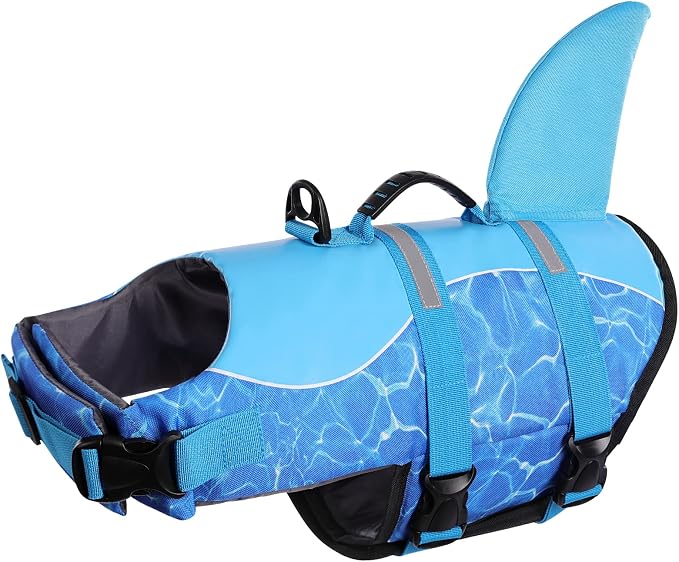 Shark Dog Life Jacket, Dog Life Vest for Swimming, High Buoyant Doggie Swimming Vest, Adjustable Easy On Pet Swim Jackets for Small, Medium, Large Breeds (Blue,M)