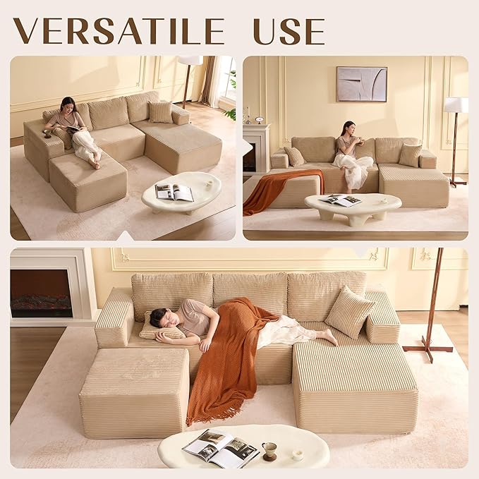 107" Boneless Couch with Deep Seat, Modular Sectional Sofa, Cloud Sectional Couch for Living Room, No Assembly Required, Corduroy, U-Shape 3 Seater Right, Camel