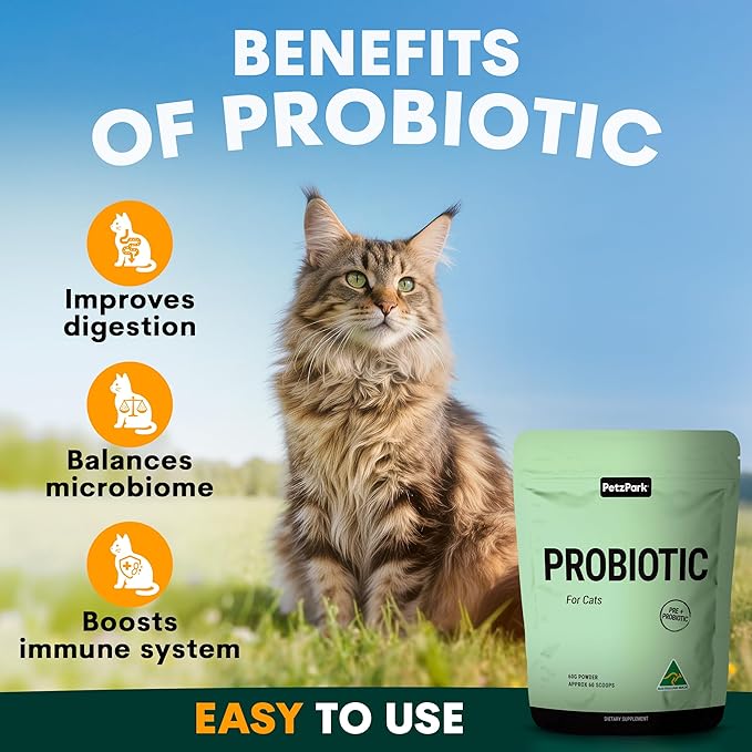 Probiotic for Cats & Kittens - Cat Probiotic Powder for Hairball Prevention, Digestive Support, Immune Health, Prebiotics, and Diarrhea Relief - Suitable for Indoor Cats & Kittens - 60 Scoops