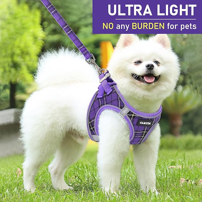 GAMUDA Small Dog Harness Collar and Leash Set, Step in No Chock No Pull Soft Mesh Adjustable Dog Vest Harnesses Plaid Reflective for Dogs Puppy Cats Kitten Rabbit (Purple, L)