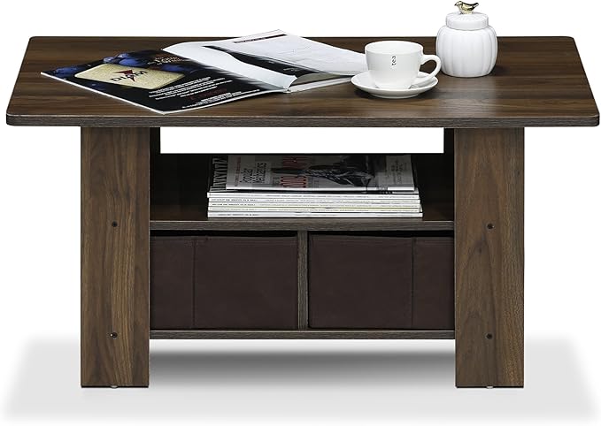 Furinno Andrey Coffee Table with Bin Drawer, Columbia Walnut/Dark Brown