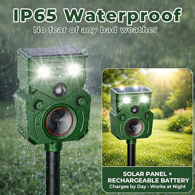 Solar Ultrasonic Animal Repellent Outdoor – Motion Activated, IP65 Waterproof, Designed to Discourage Unwanted Animals in Yard – Deer, Coyote, Cats, Squirrel, Raccoon with LED Flashing Lights
