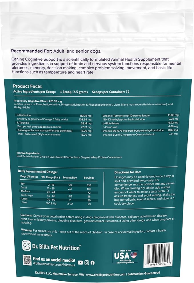 Dr. Bill’s Canine Cognitive Support | Memory Support Supplement Multivitamin for Dogs | Contains Gingko Biloba, L-Carnosine, Vitamin B-12, L-Glutamine, L-Tyrosine, and DHA for Adult and Senior Dog