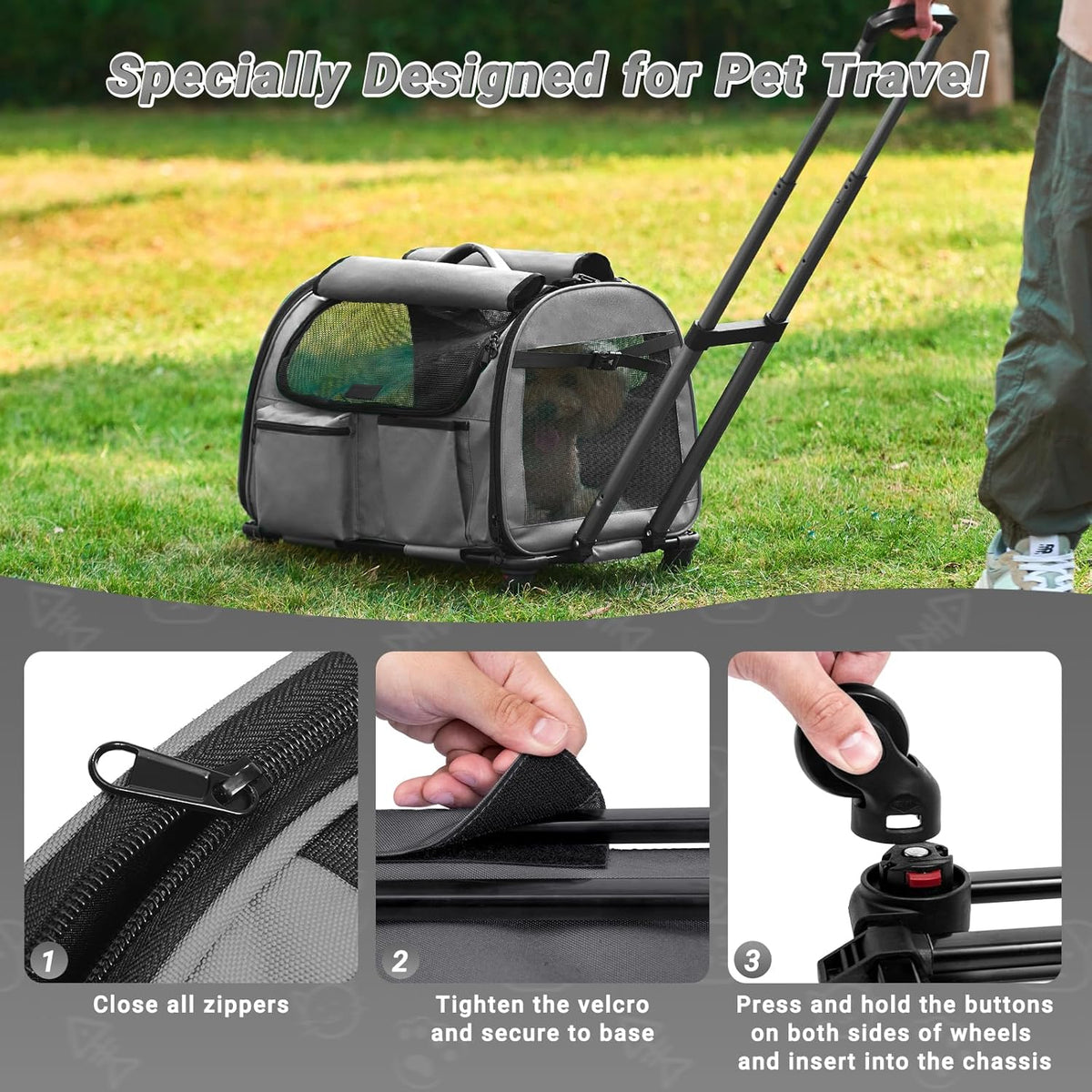 Large Pet Carrier with Wheels, Foldable Rolling Dog Carrier with Wheels and Big Pocket, Cat Rolling Bag 21"x13"x13" for 2 Cats &Dogs, for Travel, Outdoor, Vet Visits, Camping, Indoor. Gray