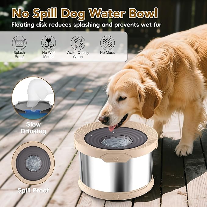 UPSKY 10L Dog Water Bowl No Spill Stainless Steel for Slow Drinking Beige | Large Capacity, Spill-proof, Non-slip Design, Durable, For Large Dogs, Messy Drinkers & Multi-pet Homes, Outdoor / Indoor