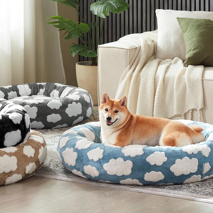 JOEJOY Jacquard Donut Round Dog Beds Large Sized Dog,Blue 36x36x8in, Removable Washable Cover, Cute Pattern, Ultra Soft Fluffy Calming Pet Bed with Thick Supportive Bolster