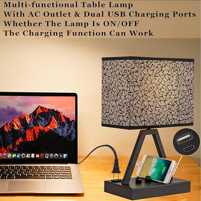 Briever Touch Control Table Lamp, 3-Way Dimmable Desk Lamp with USB C & A and AC Outlet, Bedside Lamp with Phone Stands for Bedroom, Living Room, Office, LED Bulb Included, Black Shade