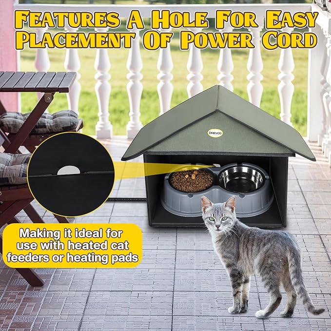 Dreyoo 1 Pack Outdoor Cat Feeding Station for Food & Water, Weatherproof Outdoor Kitty Dining Room Cat Shelter for Stray, Feral Cats and Community Cats, 13”d x 17”w x 15.5'h (Dark Green)