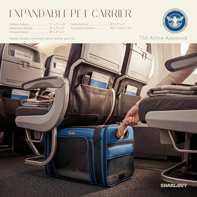 Top-Expandable Pet Carrier with Treat Pet Window,17x11x9.5 Airline Approved | for Alaska Hawaiian,Soft-Sided Dog Carrier, Anti-Scratch Mesh, Lockable Zippers,Cat Carrier for Kitten,Rabbit,Puppy,Blue