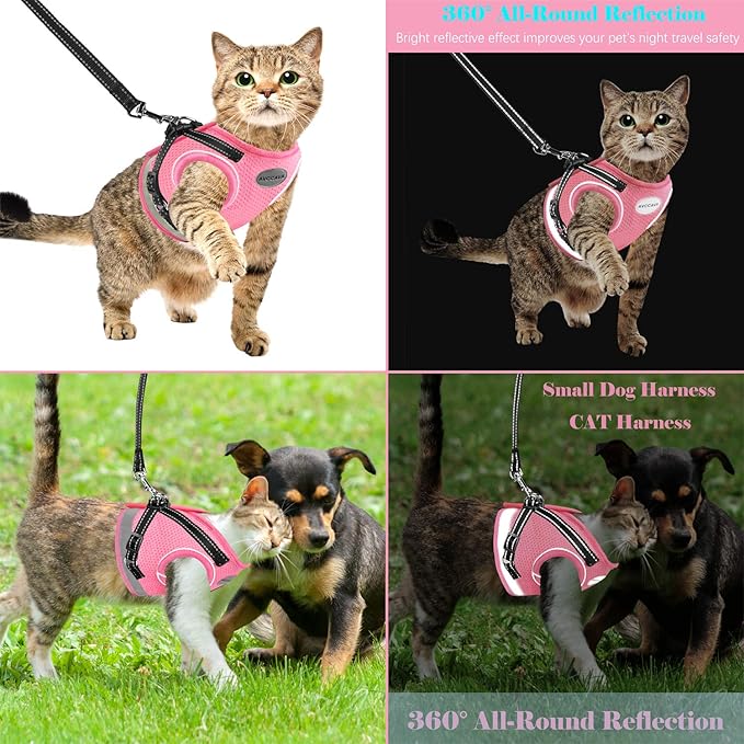 Cat Harness and Leash for Walking, Kitten Escape Proof Harnesses, Adjustable Reflective Puppy Harness with Leashes Set, Easy Adjustable Soft net Breathable Pet Safety Vest