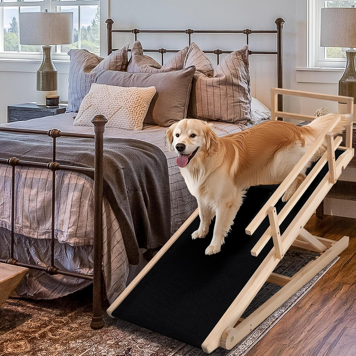 Dog Ramp, 5 Level Adjustable Height Folding Pet Ramp for High Bed, Portable Paw Ramps Large Bed Ramp for Medium & Large Old Dogs & Cats - Natural Wood Furniture Quality