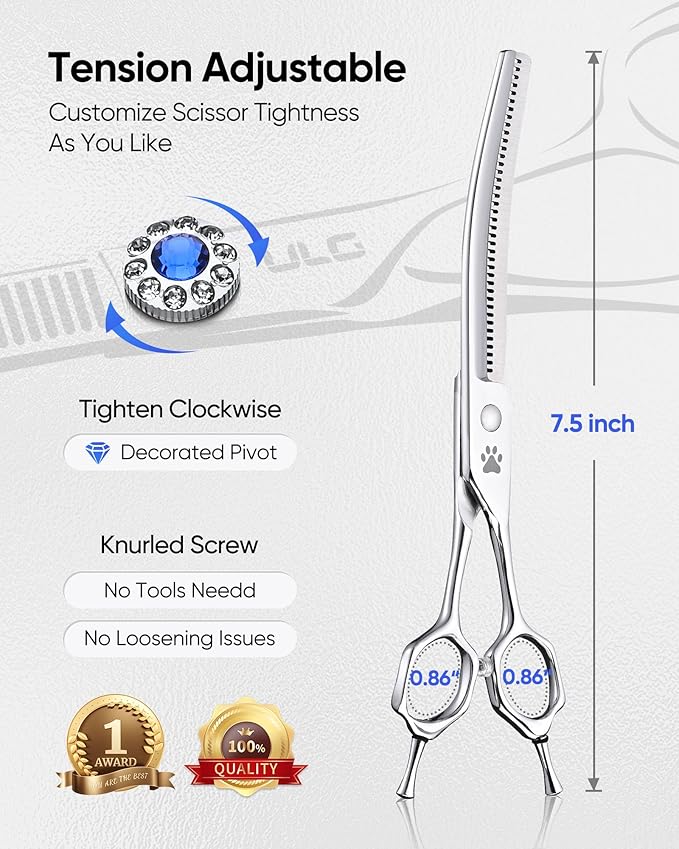ULG Dog Grooming Scissors 40-Tooth 7.5” Curved Thinning Scissors Seamless 15%-20% Thinning Rate 440C Japanese Stainless Steel Tension Adjustable Left & Right Handed Pet Grooming Shears