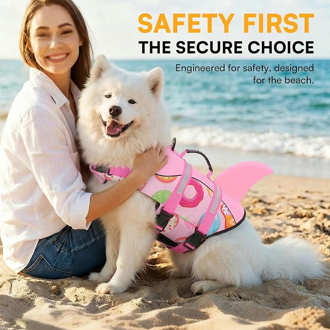 Dog Life Jacket, Dog Life Vest for Swimming, High Buoyancy Shark Swimming Safety Vest for Extra Large Dogs, Reflective Pet Lifesaver Preserver with Rescue Handle, Pink Donut 2XL