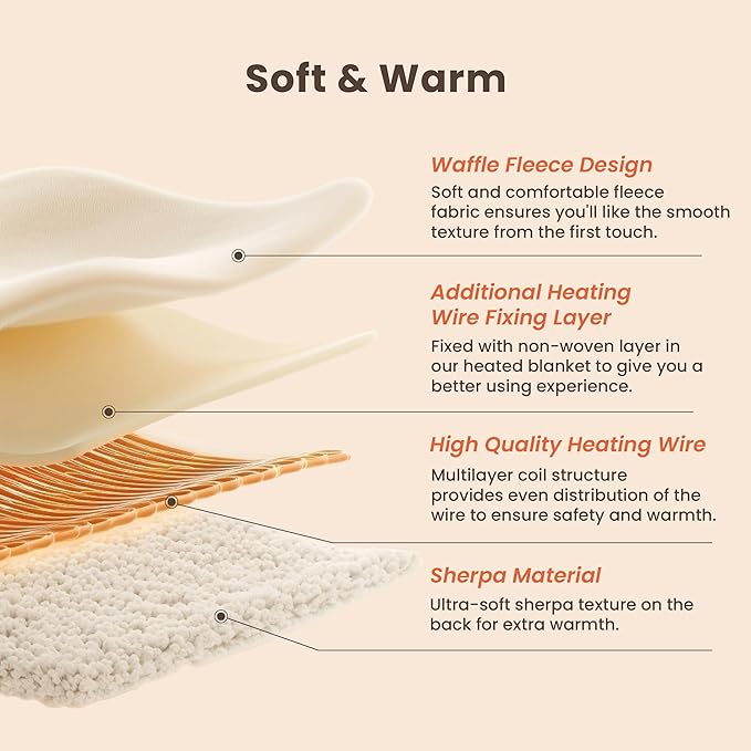 Heated Blanket Electric Blanket King Waffle, 90x100 Inches Dual Controllers
