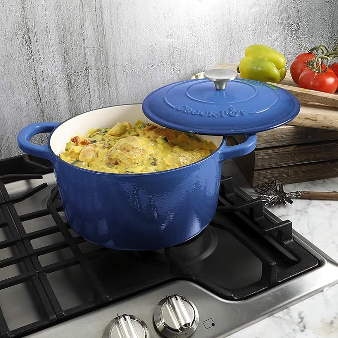 Crock-Pot Artisan 5-Quart Round Enameled Cast Iron Dutch Oven – Blue, Durable