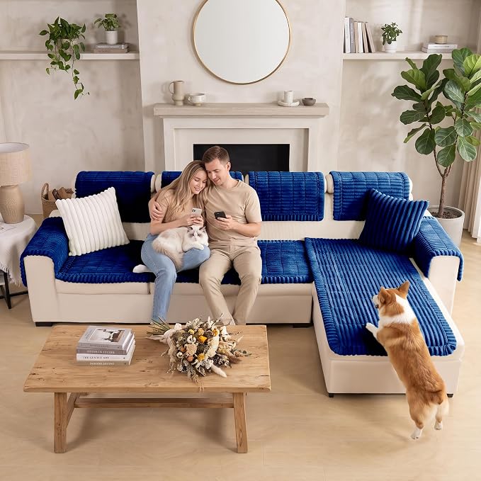 FUANGUI 2 Pack Waterproof Couch Cover for Dogs Pets Sofa Protector | Non-Slip Washable Fuzzy Soft Sofa Slipcover for 2 PCS L Shaped Sofa Pet Friendly, 27.6" x 59.1"+27.6" x 70.9", Navy Blue