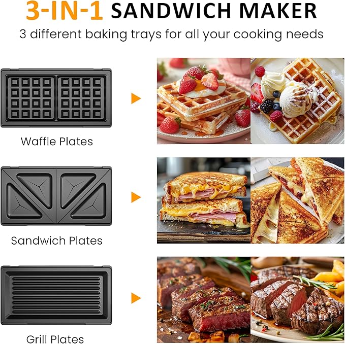 Sunvivi Waffle Iron, Panini Press Grill and Sandwich Maker Set, 3 in 1 Electric