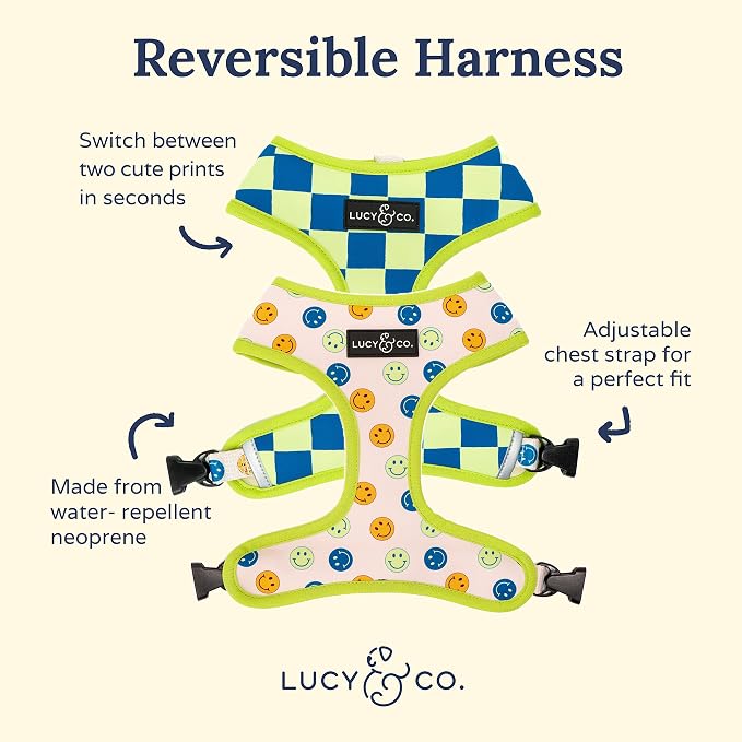 Lucy & Co. Reversible Dog Harness - Water-Repellent Neoprene, Dual-Print Design, Easy Swap Style, Adjustable Comfort Fit - Have a Nice Day Reversible Harness - Small