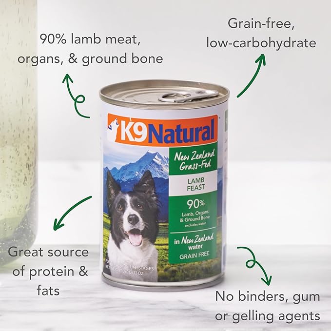 K9 Natural Wet Dog Food Pate, Lamb Feast, 13 Oz Cans (Pack of 12), Grain Free, Made in New Zealand with Grass-Fed, Free-Range Lamb, Single Source, Limited Ingredient