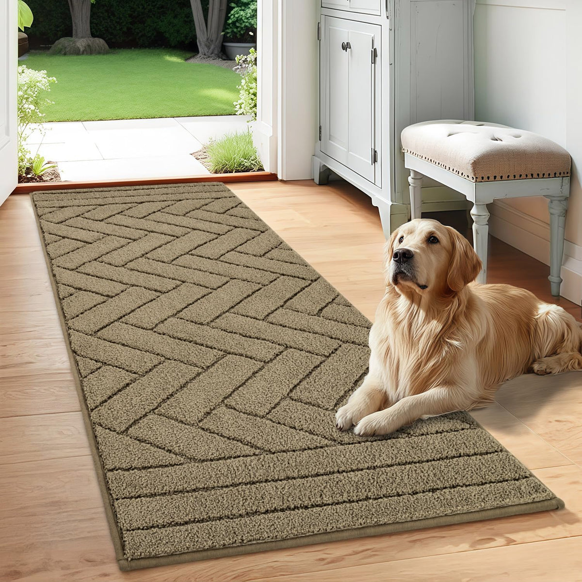 Tindbea Dog Mat for Muddy Paws,Absorbs Moisture Dirt Non-Slip Washable Mud Mat for Dogs,Soft Rubber Backing Front Inside Pet Rug for Entryway, Mud Dog Paws, Patio(24"x59",Light Taupe)