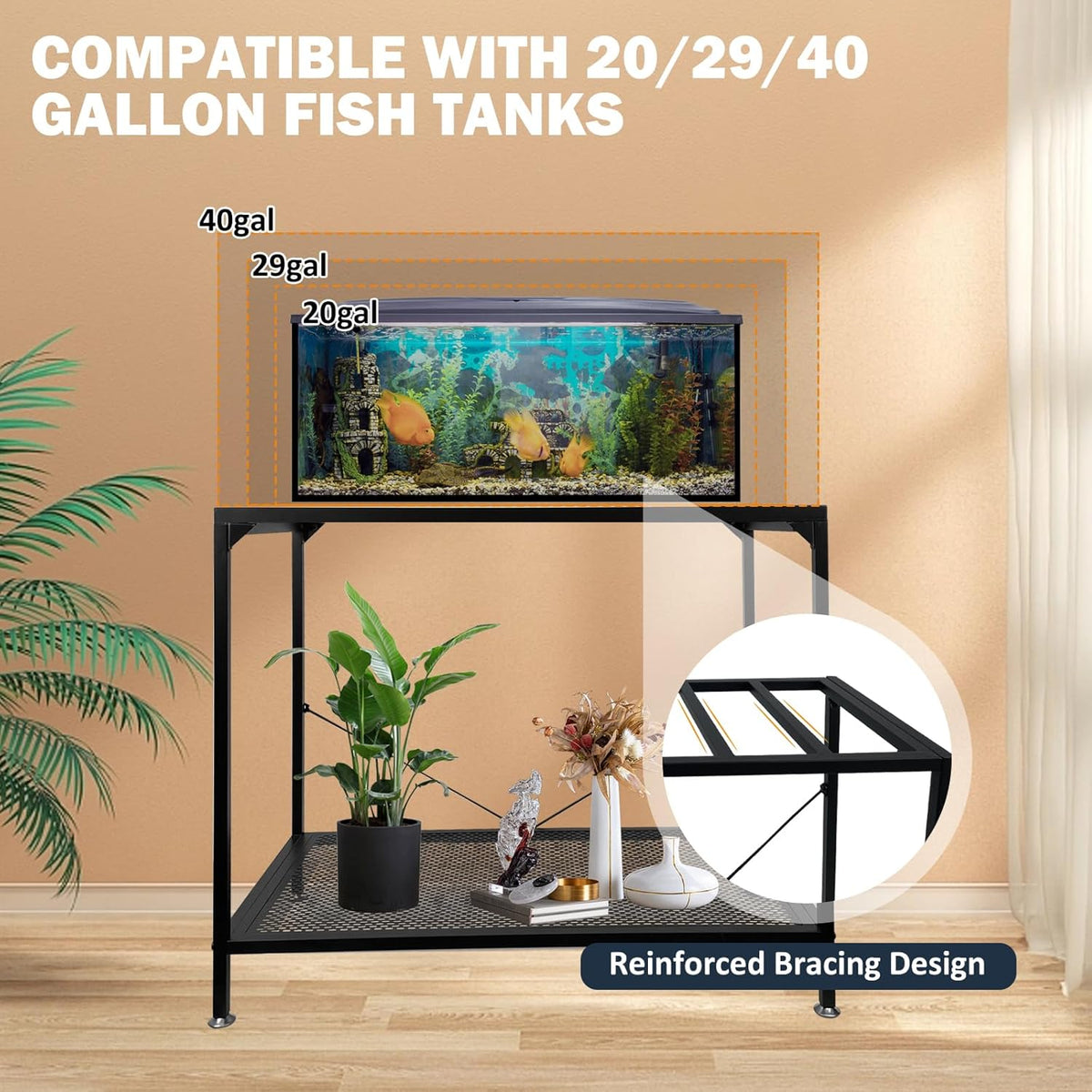 tongmo 40 Gallon Fish Tank Stand, 2 Stands Metal Aquarium Stand, Aquarium Turtle Tank (40 Gallon-Black)