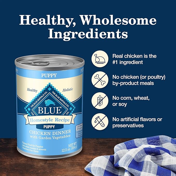 Blue Buffalo Homestyle Recipe Puppy Wet Dog Food, Made with Natural Ingredients, Chicken Dinner with Garden Vegetables & Brown Rice, 12.5-oz Cans (12 Count)