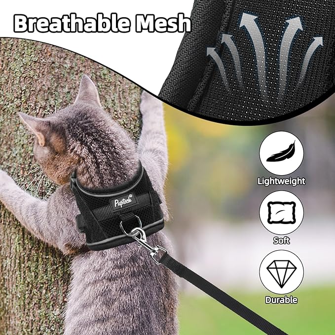 PUPTECK Cat Harness and Leash Set Escape Proof, Adjustable Reflective Kitten Jacket Easy Control, Pet Vest Harness for Cats Small Dogs Puppies Walking and Travel
