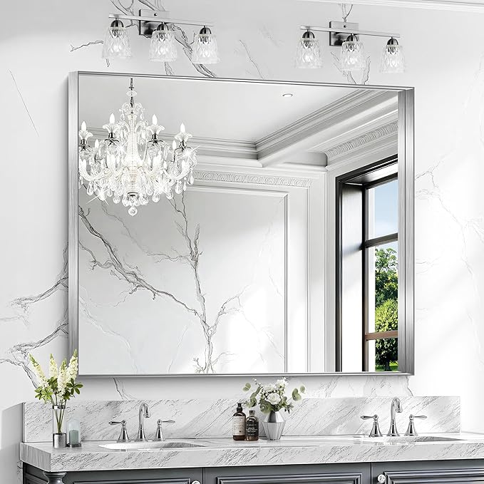 CIRCUMI Silver Bathroom Mirror, Brushed Finish, Tempered Glass, Large Mirror